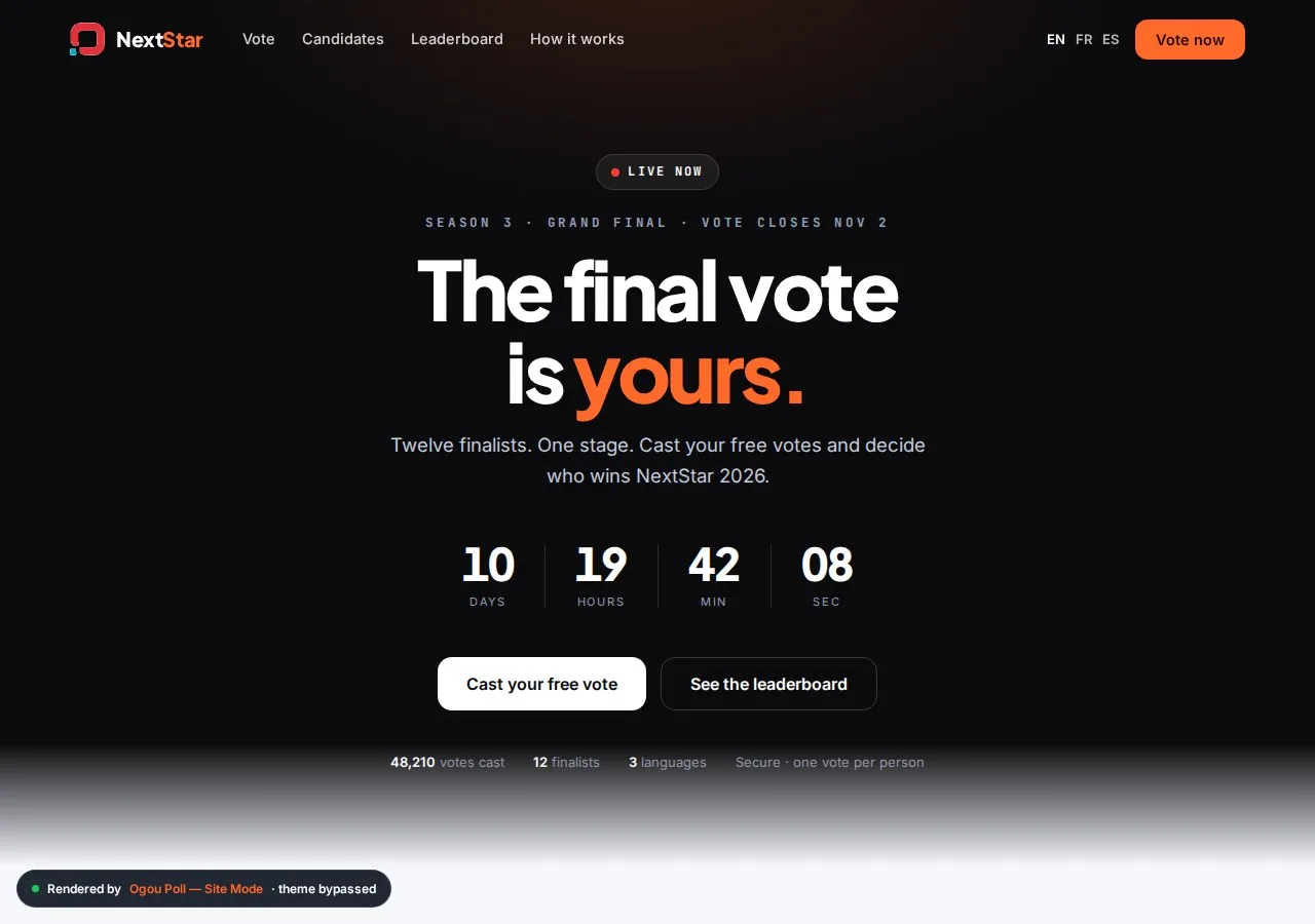 Site Mode home page: header, hero with a live countdown, call-to-action buttons and the trust row.
