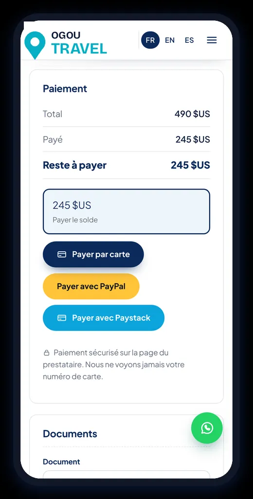 Paying the balance: card, PayPal or Paystack.
