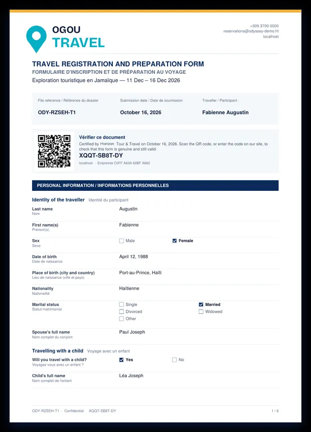 The certified PDF: unique code and QR code at the top.