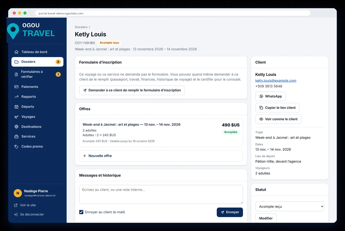 A client file: offers, messages, form, payments and status.