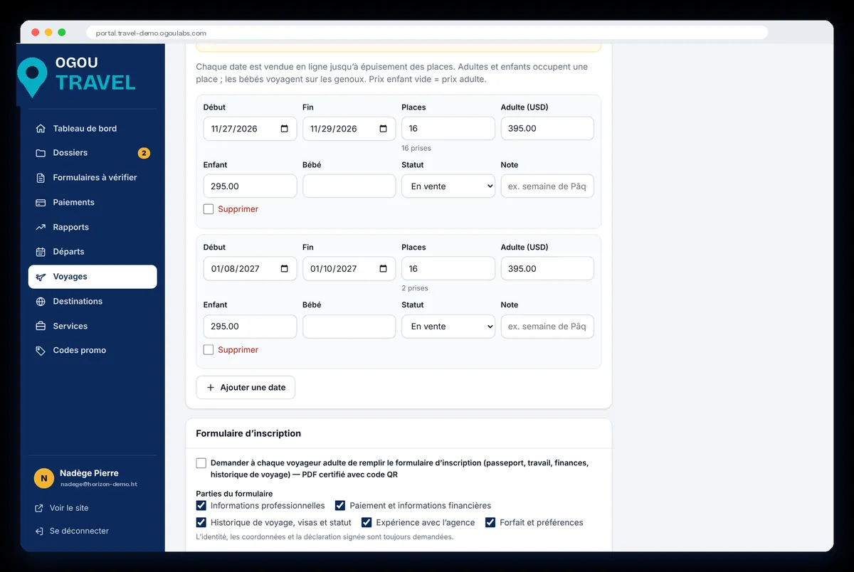 Each departure has its own dates, seats and prices.