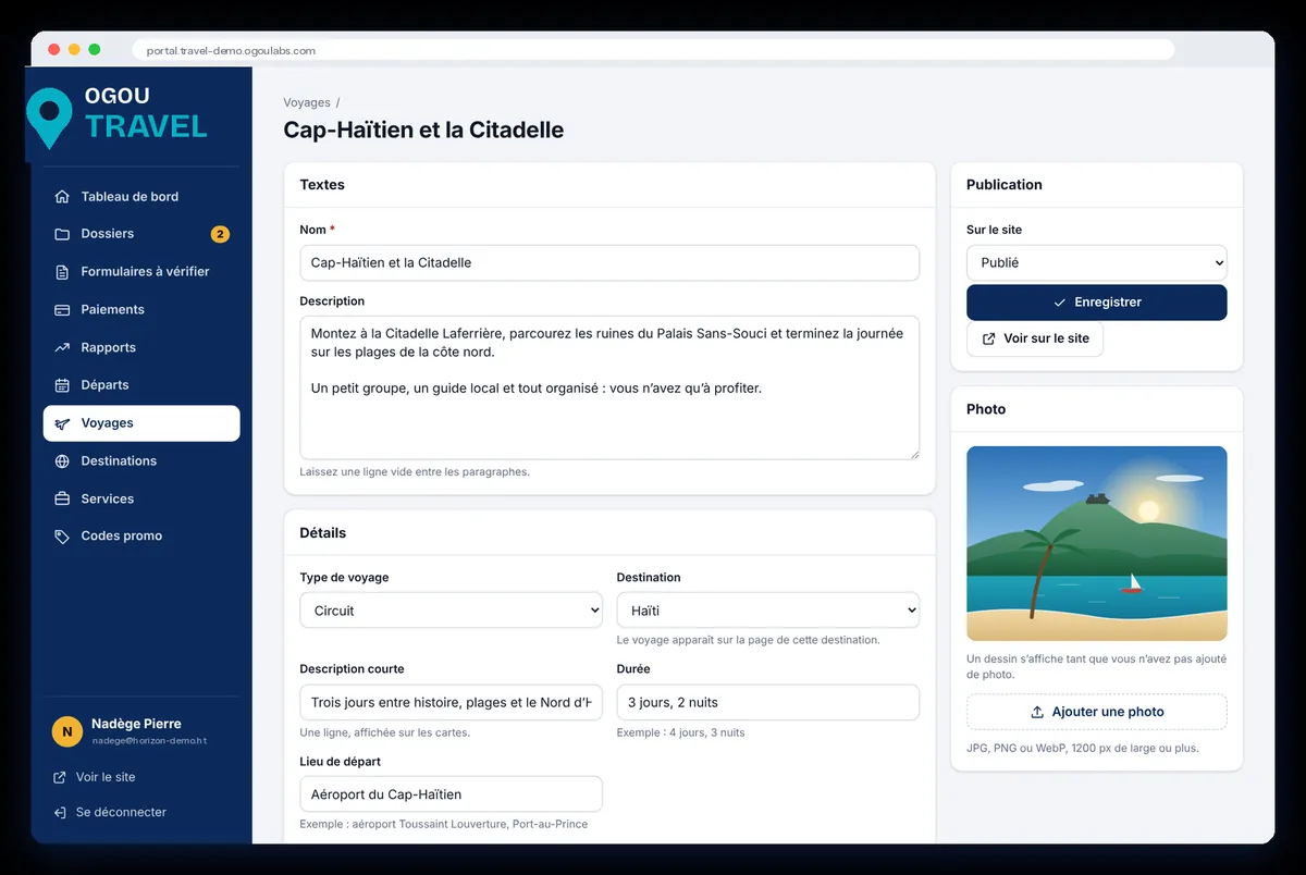 Portal → Trips: photo, texts, trip type, destination, duration and departure place.