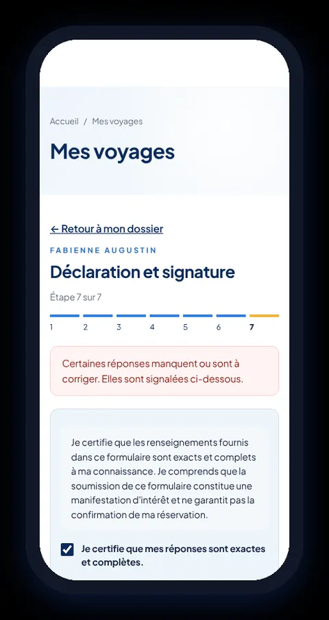 Step 7: missing answers are flagged before signing.