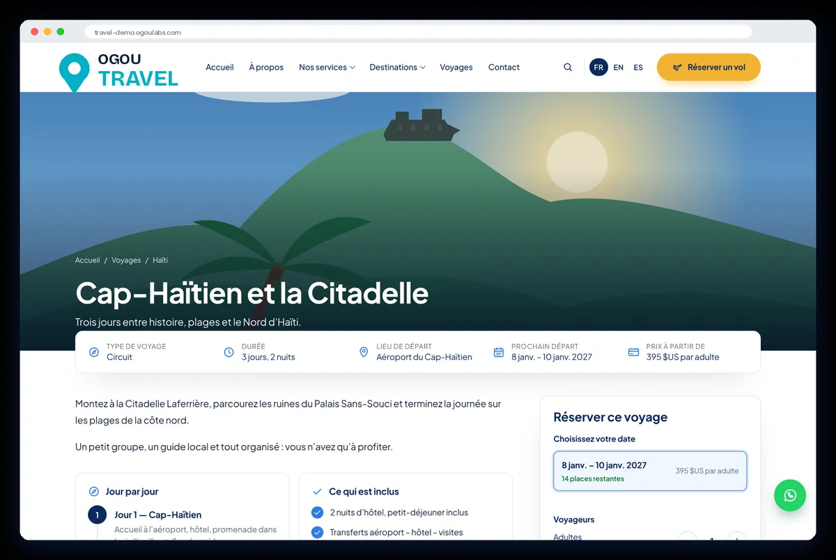 A trip page: highlights, day-by-day program, what is included, and the booking box.