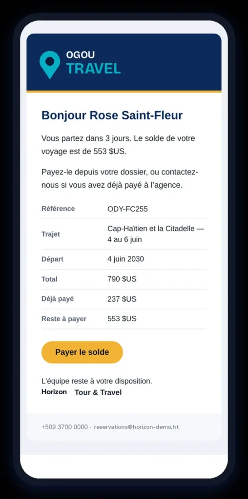 Automatic balance reminder e-mail