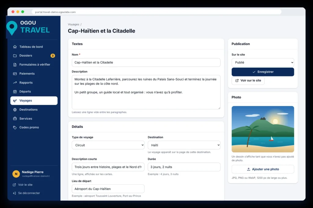 Team portal: edit a trip (photo, text, prices)